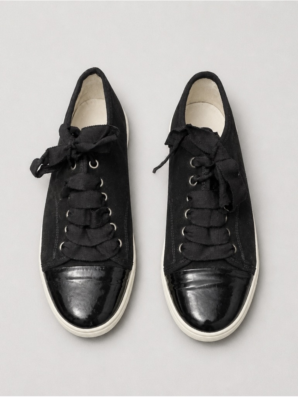 Lanvin Paris Black suede Patent Cap Toe Sneakers Ribbon Laces EU 38